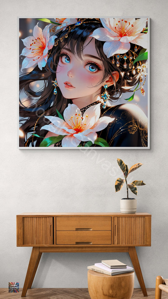 Anime Girl Portrait | Floral Fantasy Design | Japanese Animation Art Print | Girl with Flowers | Dreamy Wall Decor | Instant Download | 3 - Shoppers Haven  - Digital     