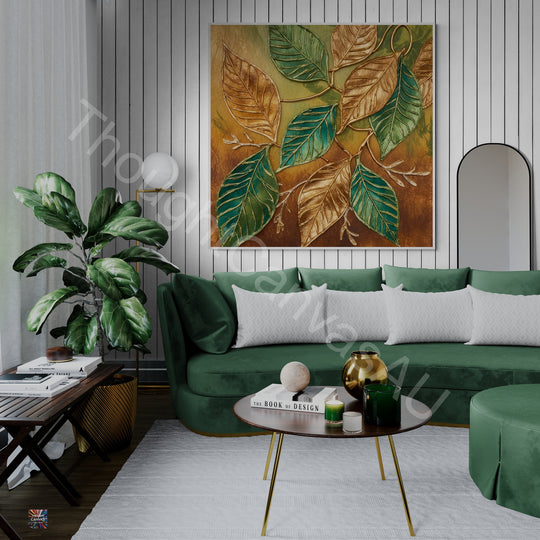 Boho Botanical Art Print | Dancing Leaves in Green & Gold | Textured Wall Art | Nature-Inspired Decor | Instant Download | 3 - Shoppers Haven  - Digital     