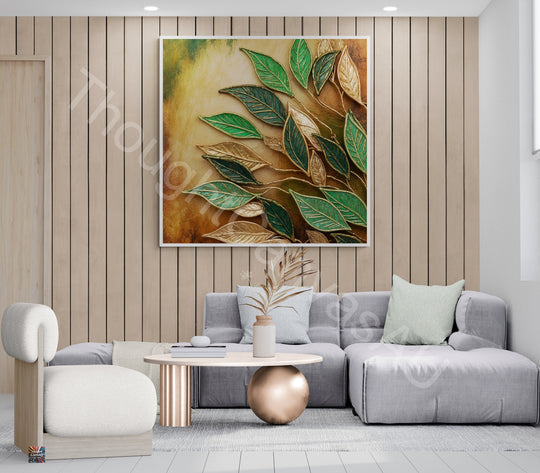 Boho Botanical Art Print | Dancing Leaves in Green & Gold | Textured Wall Art | Nature-Inspired Decor | Instant Download | 2 - Shoppers Haven  - Digital     