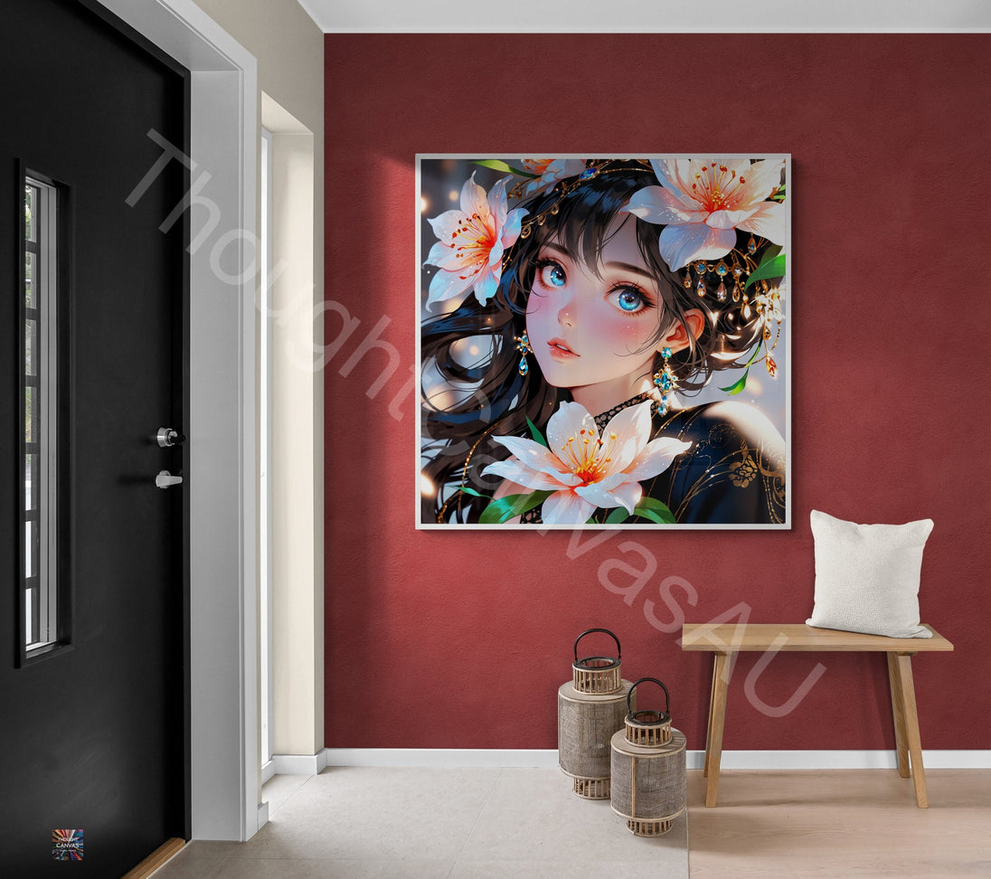 Anime Girl Portrait | Floral Fantasy Design | Japanese Animation Art Print | Girl with Flowers | Dreamy Wall Decor | Instant Download | 3 - Shoppers Haven  - Digital     