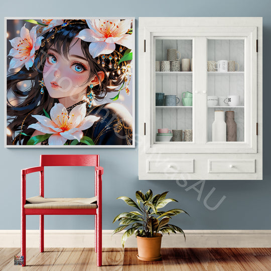 Anime Girl Portrait | Floral Fantasy Design | Japanese Animation Art Print | Girl with Flowers | Dreamy Wall Decor | Instant Download | 3 - Shoppers Haven  - Digital     