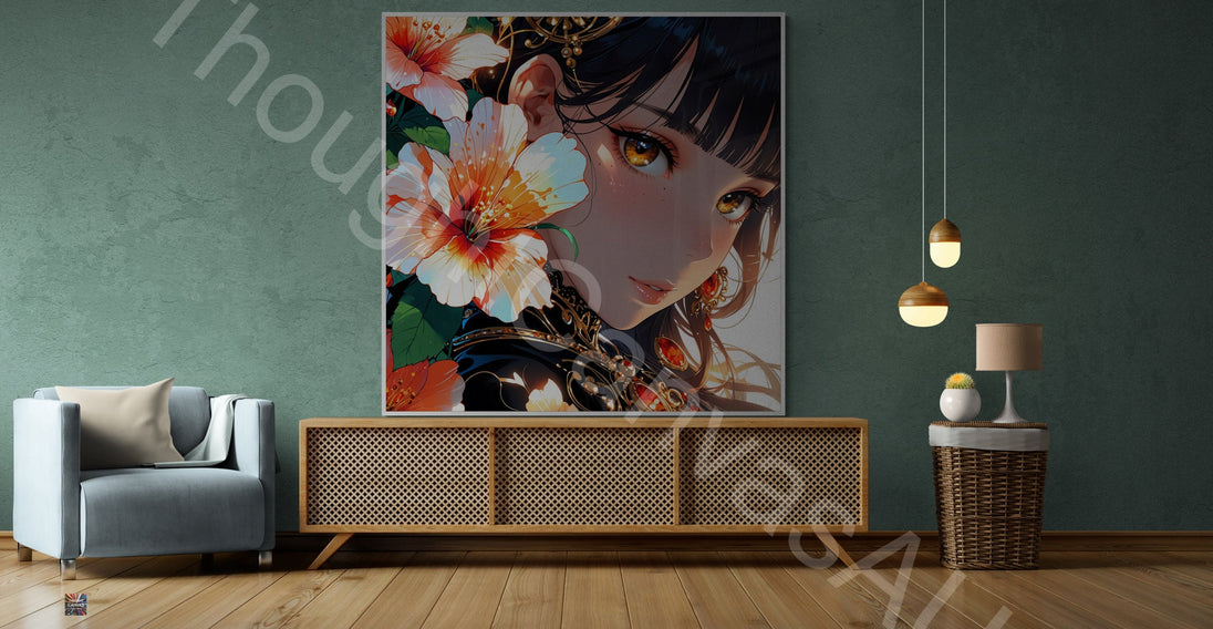 Anime Girl Portrait | Floral Fantasy Design | Japanese Animation Art Print | Girl with Flowers | Dreamy Wall Decor | Instant Download | 1 - Shoppers Haven  - Digital     