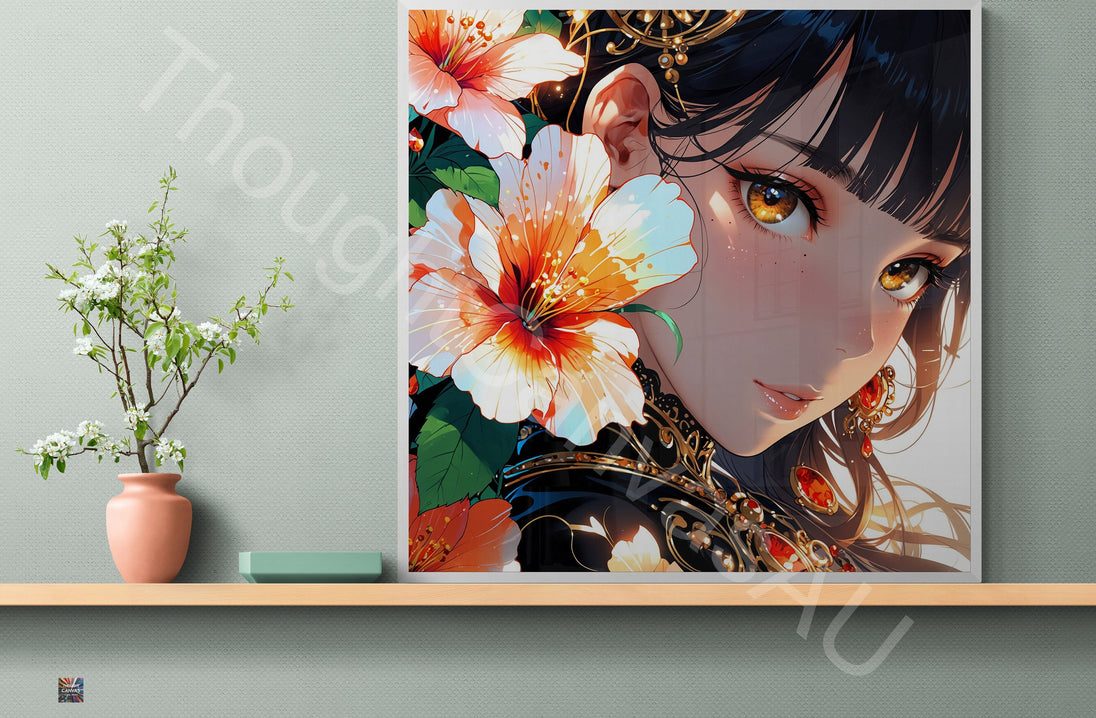 Anime Girl Portrait | Floral Fantasy Design | Japanese Animation Art Print | Girl with Flowers | Dreamy Wall Decor | Instant Download | 1 - Shoppers Haven  - Digital     