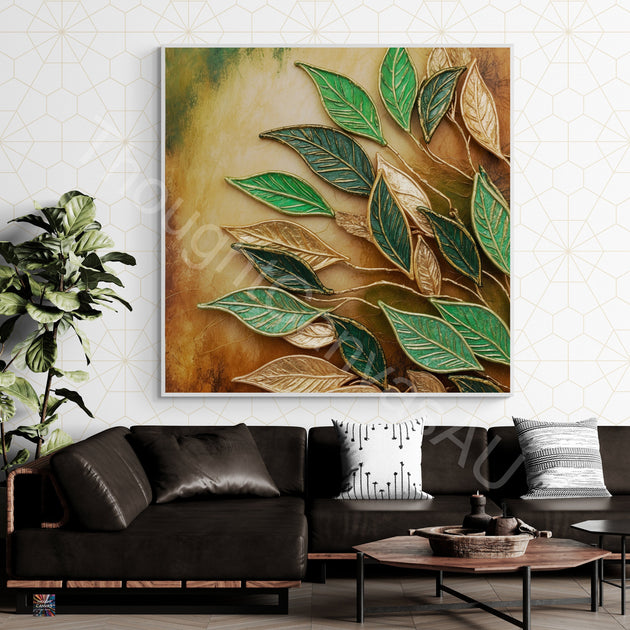 Boho Botanical Art Print | Dancing Leaves in Green & Gold | Textured Wall Art | Nature-Inspired Decor | Instant Download | 2 - Shoppers Haven  - Digital     