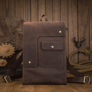 First-Layer Cowhide Geometric Satchel Backpack – Minimalist Dark Brown Daypack