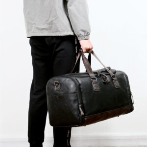 Faux Leather Travel Duffel Bag with Shoulder Pad – Midnight Black