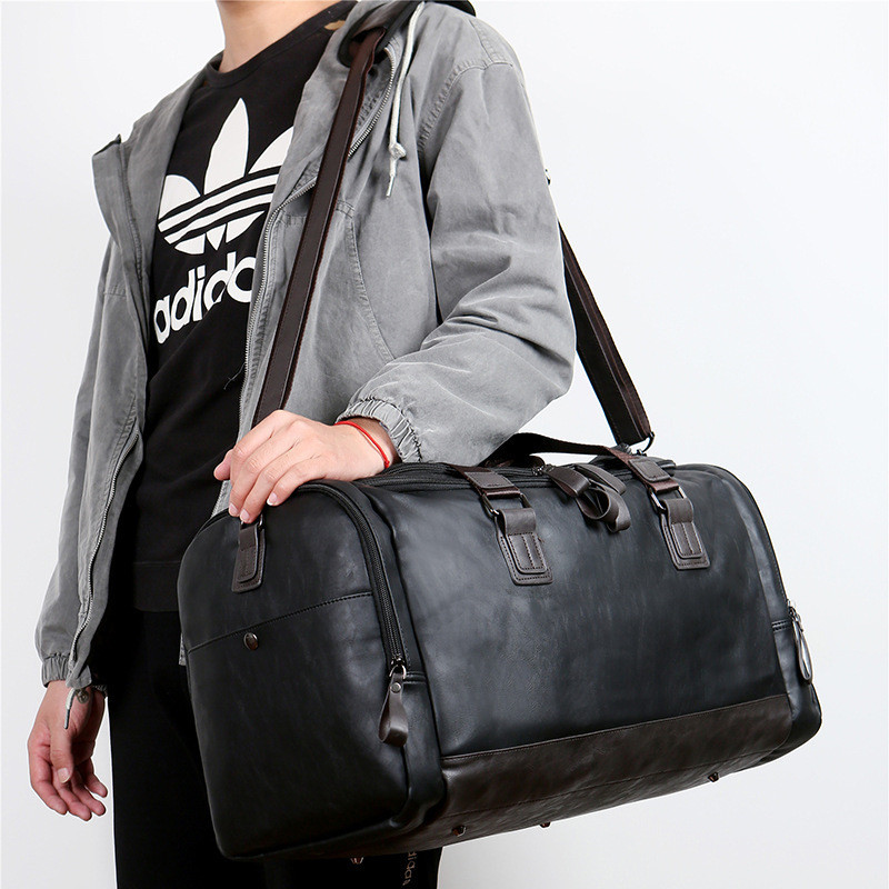 Faux Leather Travel Duffel Bag with Shoulder Pad – Midnight Black 2 Faux Leather Travel Duffel Bag with Shoulder Pad – Midnight Black - Image 2