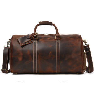 First-Layer Cowhide Leather Travel Duffel Bag with Luggage Tag – Vintage Brown
