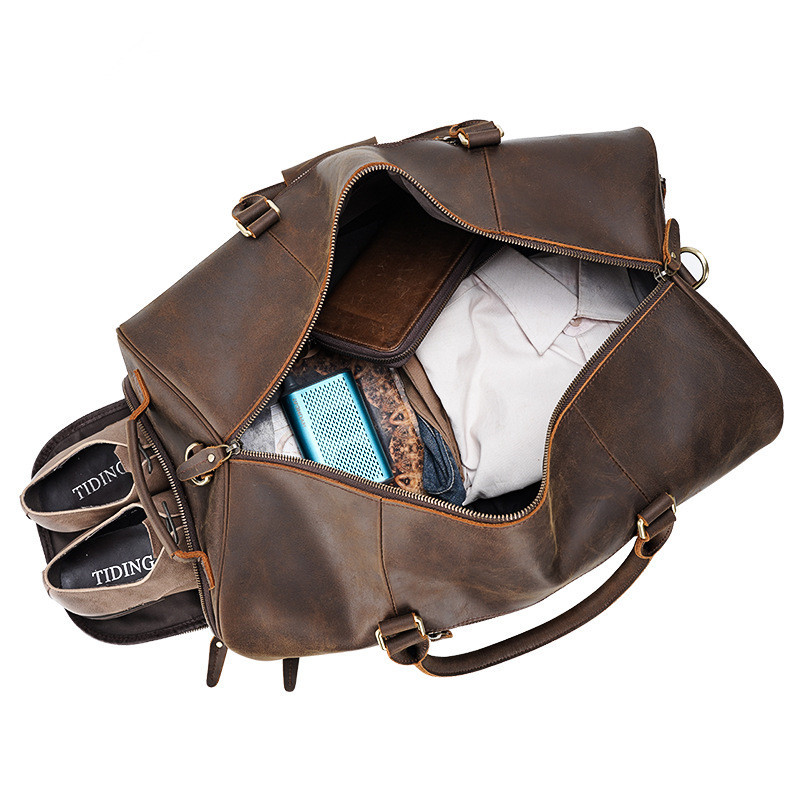 Large First-Layer Cowhide Travel Bag – Dark Brown Duffel with Shoe Compartment 4 Large First-Layer Cowhide Travel Bag – Dark Brown Duffel with Shoe Compartment - Image 4