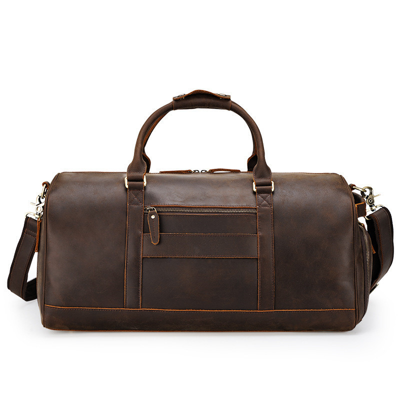 Large First-Layer Cowhide Travel Bag – Dark Brown Duffel with Shoe Compartment 2 Large First-Layer Cowhide Travel Bag – Dark Brown Duffel with Shoe Compartment - Image 2
