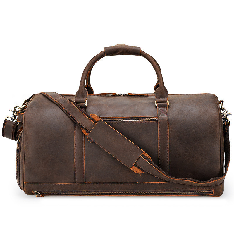 Large First-Layer Cowhide Travel Bag – Dark Brown Duffel with Shoe Compartment 3 Large First-Layer Cowhide Travel Bag – Dark Brown Duffel with Shoe Compartment - Image 3