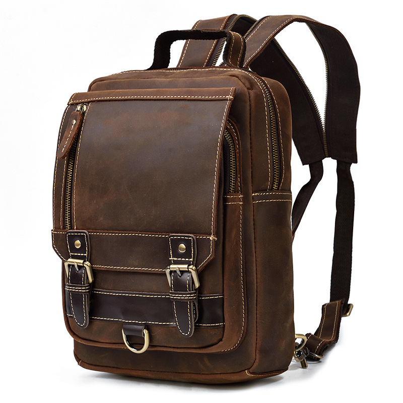 Horse Leather Men'S Backpack Multifunctional Leather Student Backpack Outdoor Travel Chest Bag Messenger Bag 3 Horse Leather Men'S Backpack Multifunctional Leather Student Backpack Outdoor Travel Chest Bag Messenger Bag - Image 3