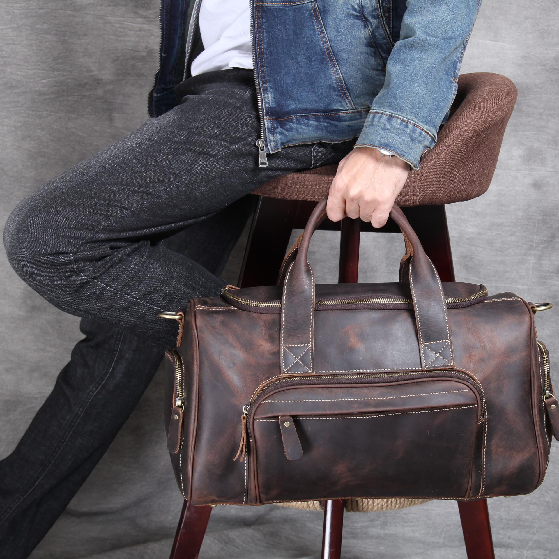 First-Layer Cowhide Retro Travel Duffel Bag – Distressed Coffee Brown 7 First-Layer Cowhide Retro Travel Duffel Bag – Distressed Coffee Brown - Image 7