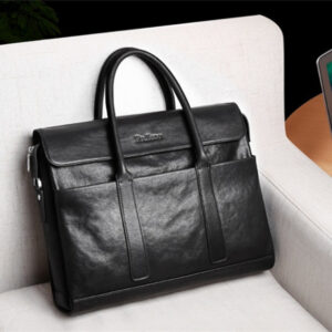 First-Layer Cowhide Leather Business Briefcase – Classic Jet Black Satchel