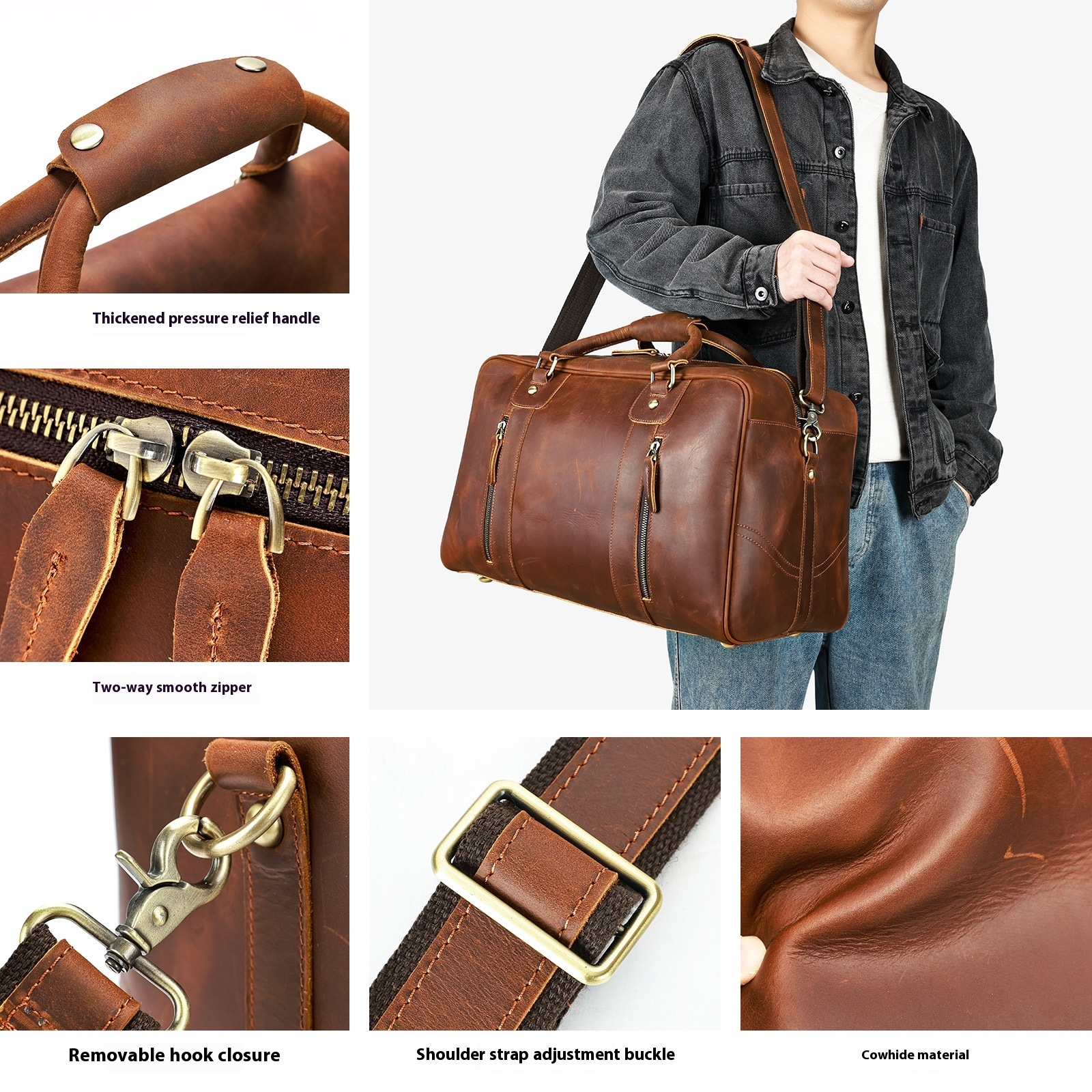 Leather Business Travel Bag – Solid Colour Duffel 3 Leather Business Travel Bag – Solid Colour Duffel - Image 3