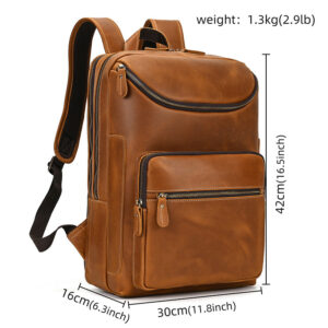 First-Layer Cowhide Vintage Travel Backpack – Rugged Brown Yellow Multi-Pocket Daypack