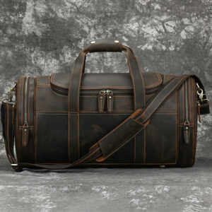 21-Inch First-Layer Cowhide Travel Bag – Dark Brown Multi-Pocket Duffel