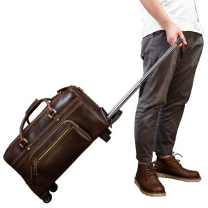 22-Inch Top-Layer Cowhide Leather Rolling Travel Duffel Bag – Dark Brown