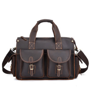 Home 10 First-Layer Cowhide Multi-Pocket Briefcase – Dark Brown Shoulder Messenger Bag