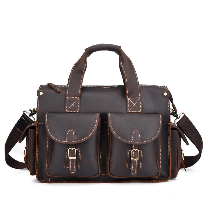 First-Layer Cowhide Multi-Pocket Briefcase – Dark Brown Shoulder Messenger Bag 1 First-Layer Cowhide Multi-Pocket Briefcase – Dark Brown Shoulder Messenger Bag