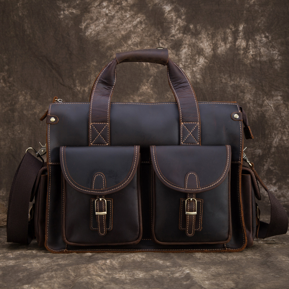 First-Layer Cowhide Multi-Pocket Briefcase – Dark Brown Shoulder Messenger Bag 2 First-Layer Cowhide Multi-Pocket Briefcase – Dark Brown Shoulder Messenger Bag - Image 2