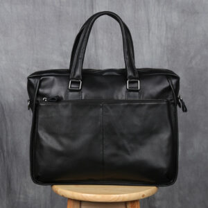 15-Inch Leather Briefcase – Classic Matte Black Business Attache Messenger Bag
