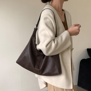 Home 2 Full-Grain Cowhide Leather Slouchy Tote – Minimalist Hobo Shoulder Bag with Stitched Design